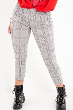 Rebellious Fashion Black Red Check Ruffle Waist Skinny Trousers - Lecy