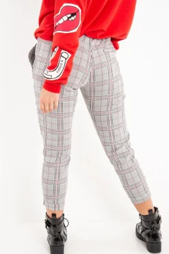 Rebellious Fashion Black Red Check Ruffle Waist Skinny Trousers - Lecy