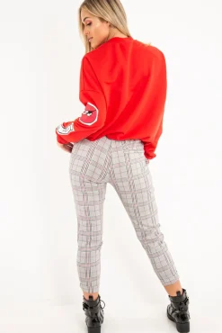 Rebellious Fashion Black Red Check Ruffle Waist Skinny Trousers - Lecy