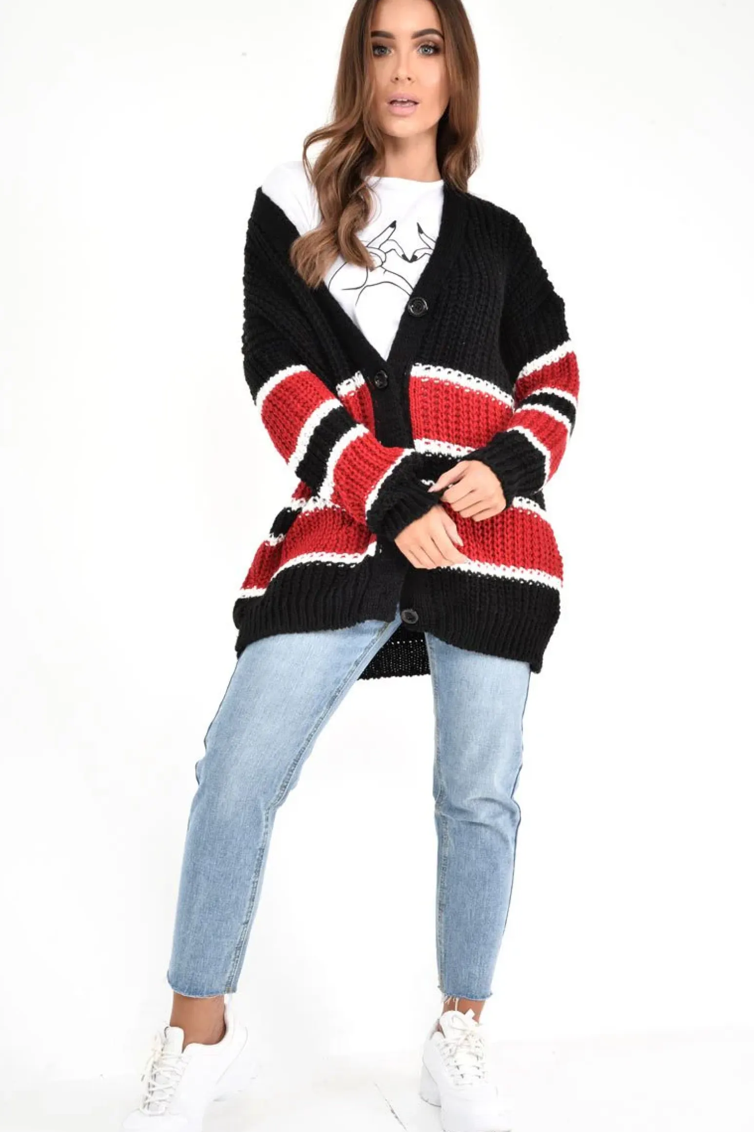 Rebellious Fashion Black Red Colour Block Chunky Knit Cardigan - Brionna