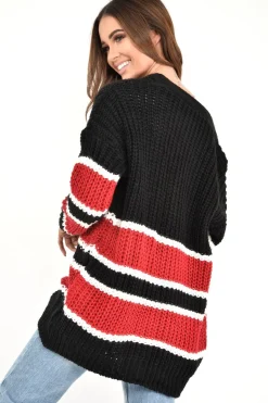 Rebellious Fashion Black Red Colour Block Chunky Knit Cardigan - Brionna