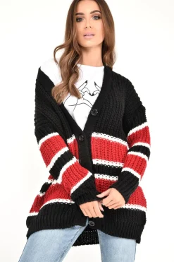 Rebellious Fashion Black Red Colour Block Chunky Knit Cardigan - Brionna