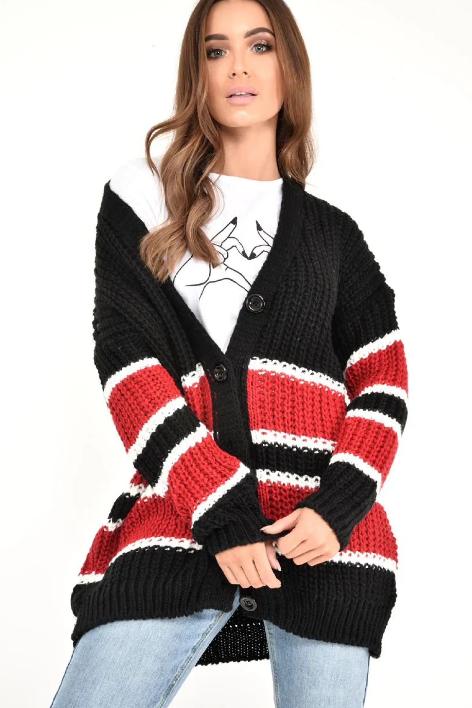 Rebellious Fashion Black Red Colour Block Chunky Knit Cardigan - Brionna