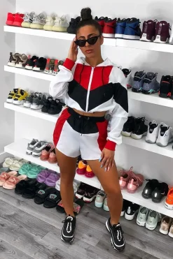 Rebellious Fashion Black Red Colour Block Hooded Jacket Shorts Tracksuit Co-ord - Jettie