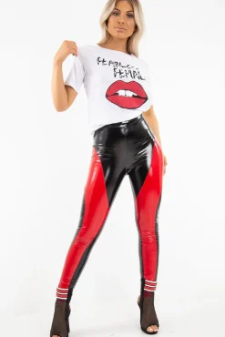 Rebellious Fashion Black Red Colour Block Shiny Vinyl Leggings - Nelly
