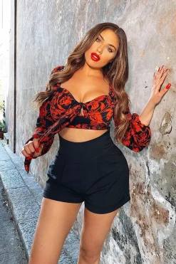 Rebellious Fashion Black Red Floral Milkmaid Crop Top - Eyra