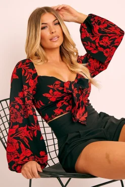 Rebellious Fashion Black Red Floral Milkmaid Crop Top - Eyra
