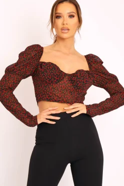 Rebellious Fashion Black Red Floral Print Puff Sleeve Milkmaid Crop Top - Caddie