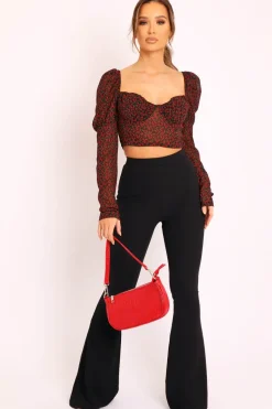 Rebellious Fashion Black Red Floral Print Puff Sleeve Milkmaid Crop Top - Caddie