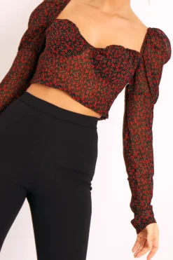 Rebellious Fashion Black Red Floral Print Puff Sleeve Milkmaid Crop Top - Caddie