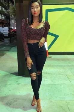 Rebellious Fashion Black Red Floral Print Puff Sleeve Milkmaid Crop Top - Caddie
