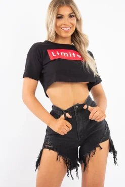 Rebellious Fashion Black Red Limited Slogan Cropped T Shirt - Drew