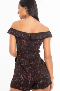 Rebellious Fashion Black Red Polka Dot Belted Wrap Playsuit - Grace
