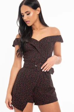 Rebellious Fashion Black Red Polka Dot Belted Wrap Playsuit - Grace