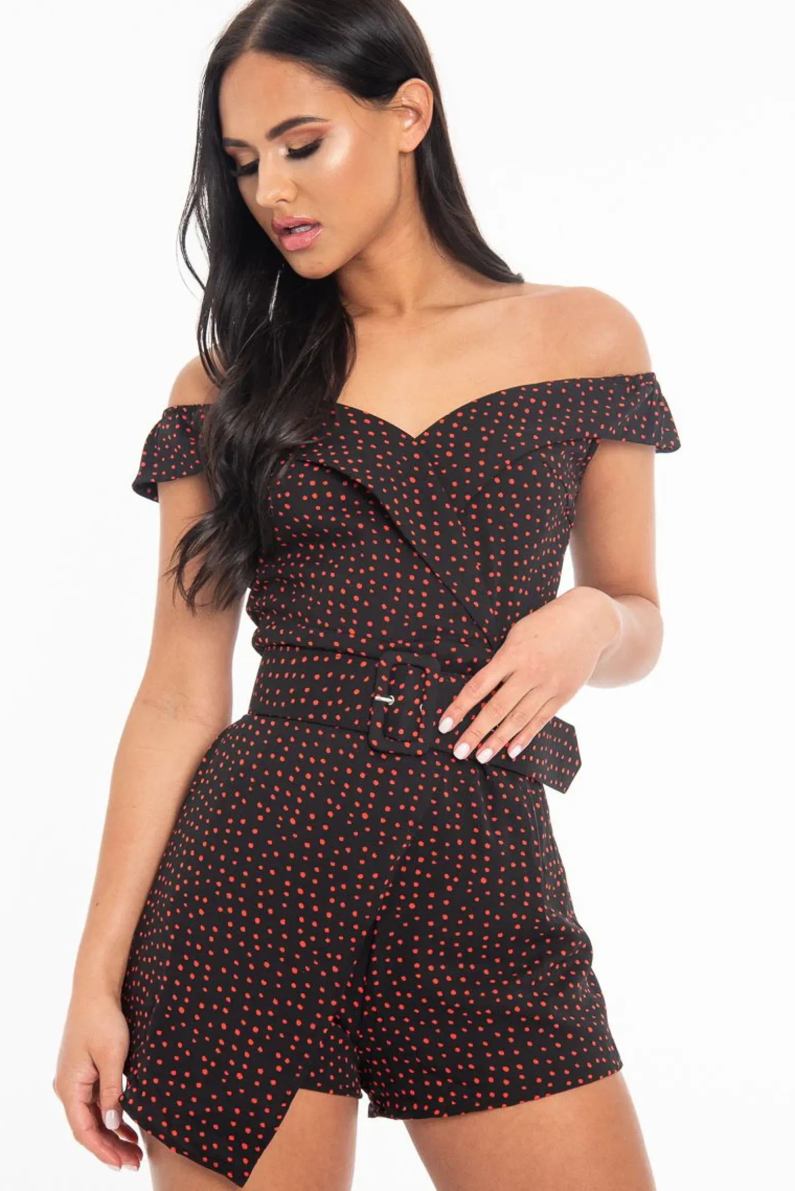 Rebellious Fashion Black Red Polka Dot Belted Wrap Playsuit - Grace
