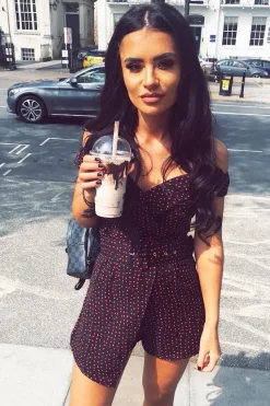 Rebellious Fashion Black Red Polka Dot Belted Wrap Playsuit - Grace