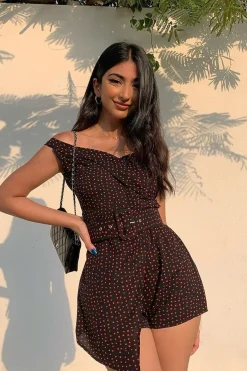 Rebellious Fashion Black Red Polka Dot Belted Wrap Playsuit - Grace
