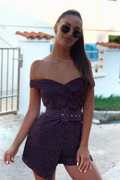 Rebellious Fashion Black Red Polka Dot Belted Wrap Playsuit - Grace