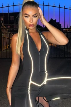 Rebellious Fashion Black Reflective Seam Zip Front Backless Jumpsuit - Raegann