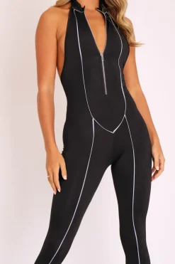 Rebellious Fashion Black Reflective Seam Zip Front Backless Jumpsuit - Raegann