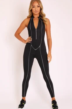 Rebellious Fashion Black Reflective Seam Zip Front Backless Jumpsuit - Raegann