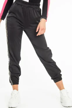 Rebellious Fashion Black Reflective Stripe Detail Joggers - Rosealee