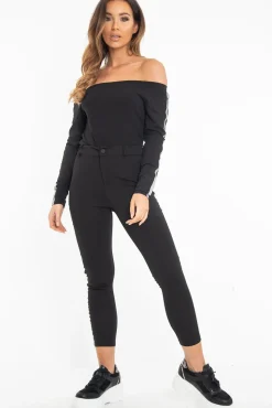 Rebellious Fashion Black Reflective Stripe Side Bardot Crop Top - Reece