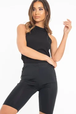 Rebellious Fashion Black Reflective Stripe Side High Neck Crop Top - Rebekah