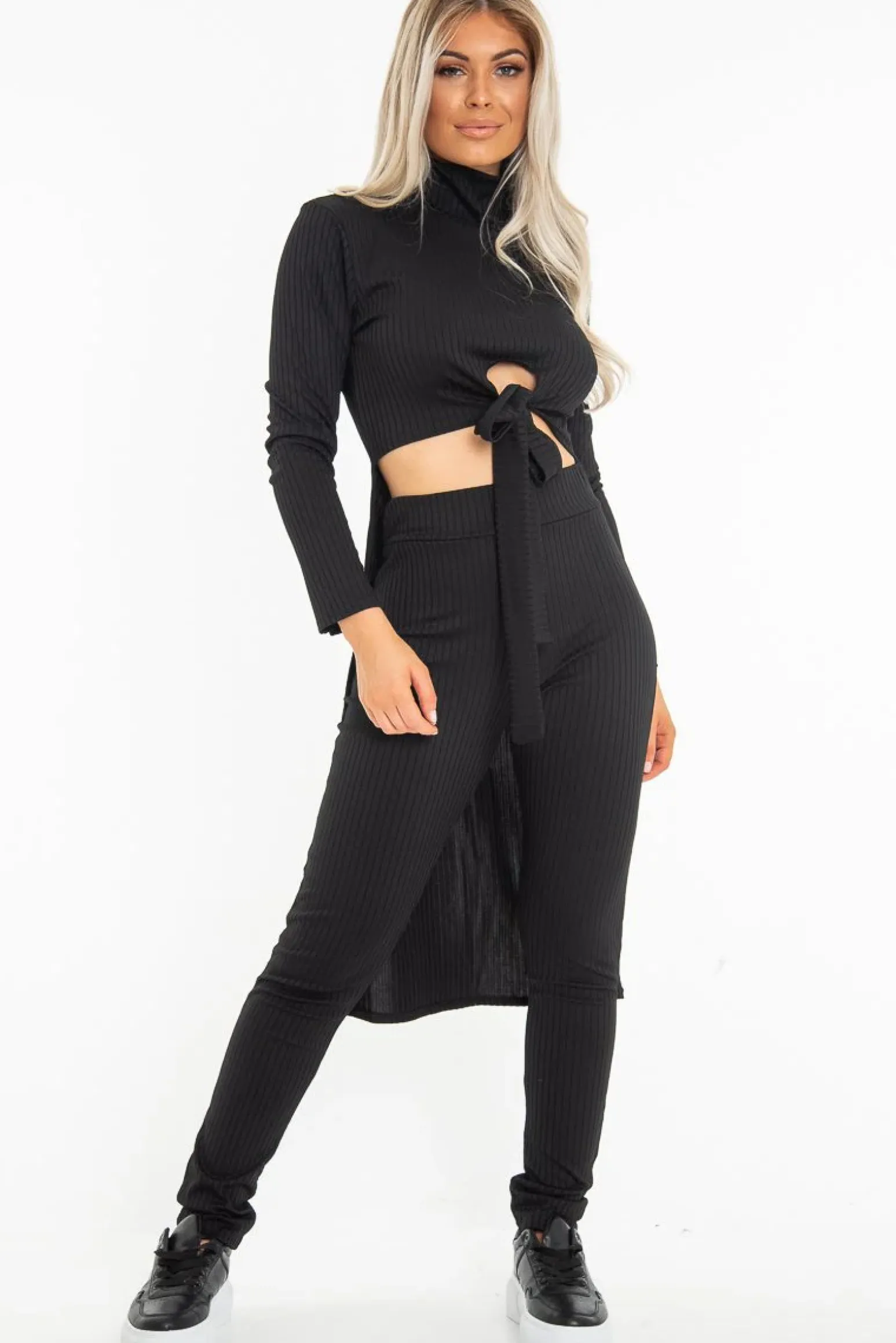 Rebellious Fashion Black Rib Asymmetric Tie Front Top Legging Loungewear Co-Ord - Sasha