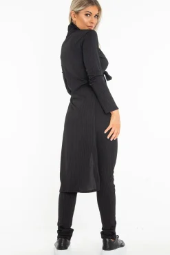 Rebellious Fashion Black Rib Asymmetric Tie Front Top Legging Loungewear Co-Ord - Sasha