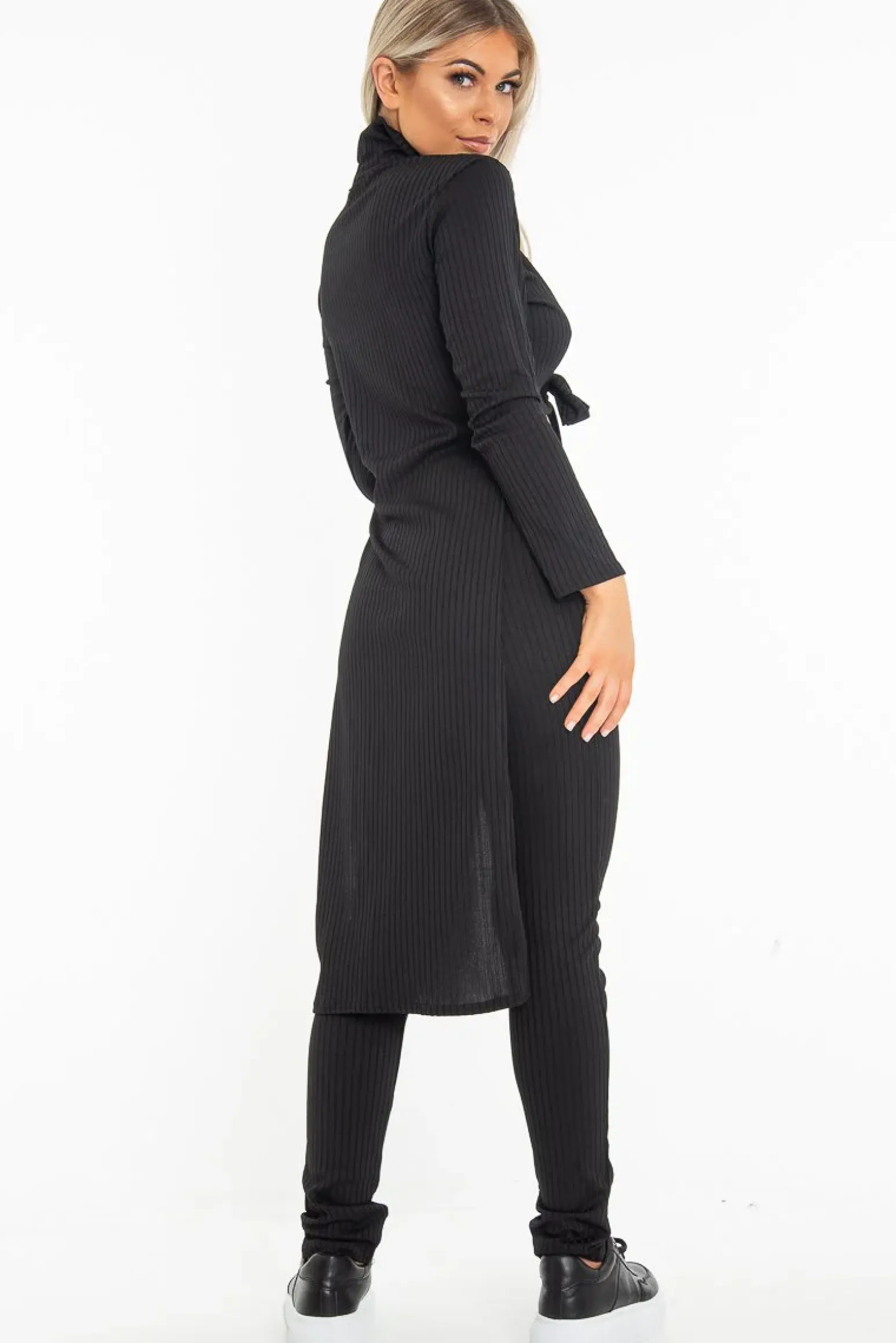Rebellious Fashion Black Rib Asymmetric Tie Front Top Legging Loungewear Co-Ord - Sasha