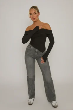 Rebellious Fashion Black Rib Bardot Asymmetric Top - Vittoria
