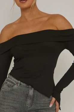 Rebellious Fashion Black Rib Bardot Asymmetric Top - Vittoria