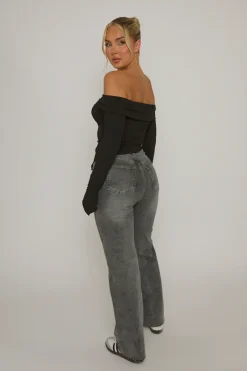 Rebellious Fashion Black Rib Bardot Asymmetric Top - Vittoria