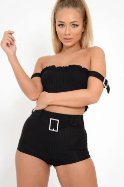Rebellious Fashion Black Ribbed Bardot Crop Top and Shorts Co-ord - Elissa