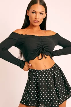 Rebellious Fashion Black Ribbed Bardot Crop Top - Daniah