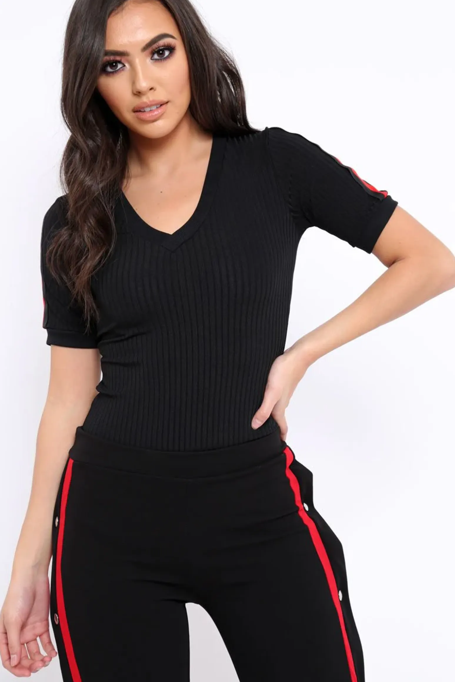 Rebellious Fashion Black Ribbed Bodysuit with Contrast Trim - Libi