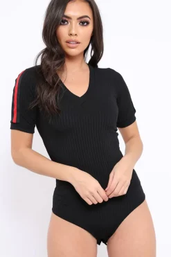 Rebellious Fashion Black Ribbed Bodysuit with Contrast Trim - Libi