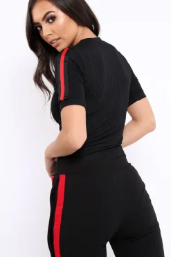 Rebellious Fashion Black Ribbed Bodysuit with Contrast Trim - Libi