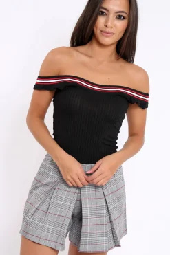 Rebellious Fashion Black Ribbed Bodysuit with Sport Trim - Tracey