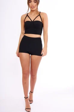 Rebellious Fashion Black Ribbed Bustier Crop Top & Shorts Co-ord Set - Olivia