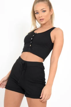 Rebellious Fashion Black Ribbed Button Top And Shorts Co-ord - Kenidi