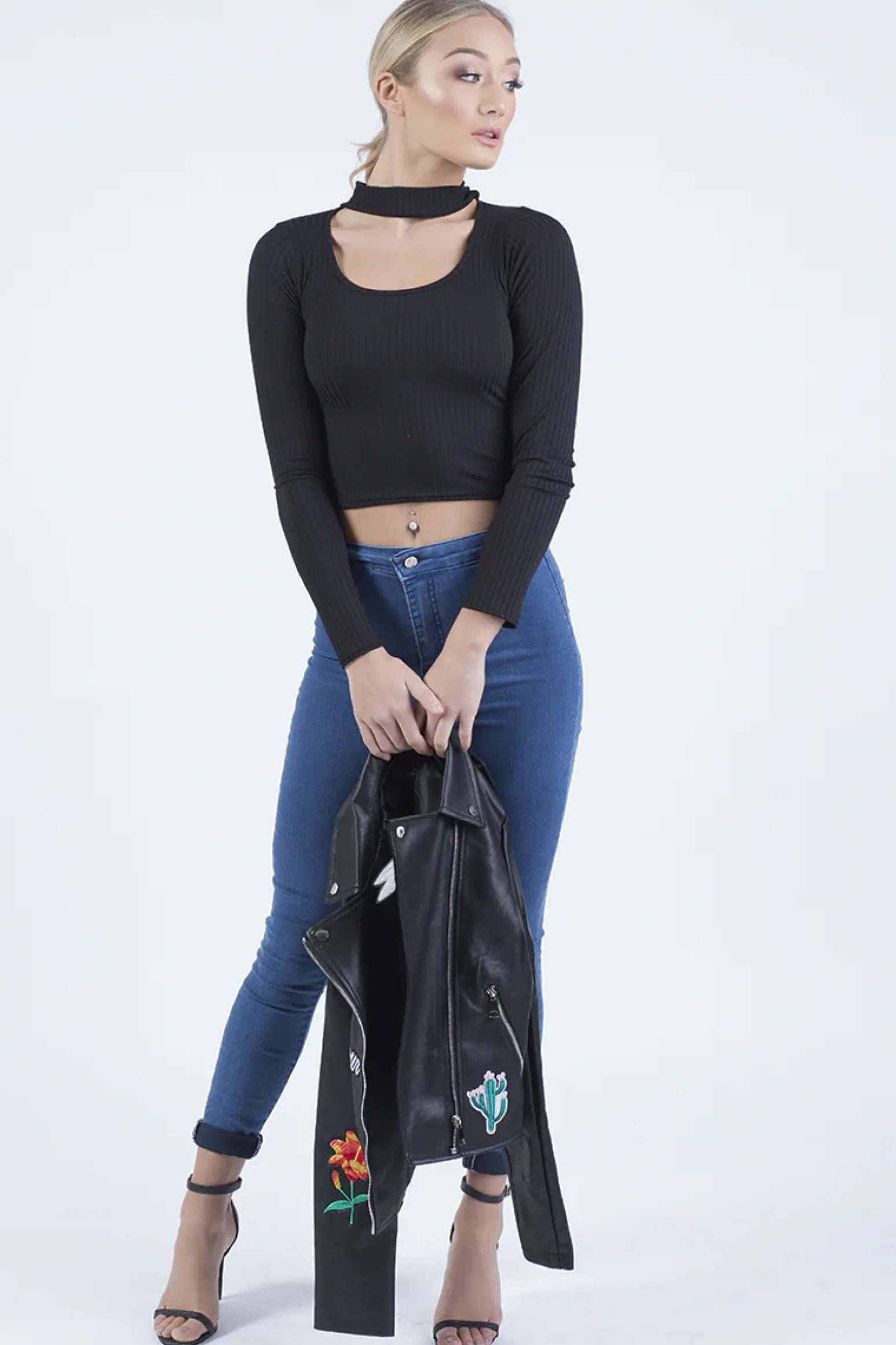 Rebellious Fashion Black Ribbed Choker Cut Out Crop Top - Mary