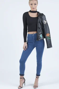 Rebellious Fashion Black Ribbed Choker Cut Out Crop Top - Mary