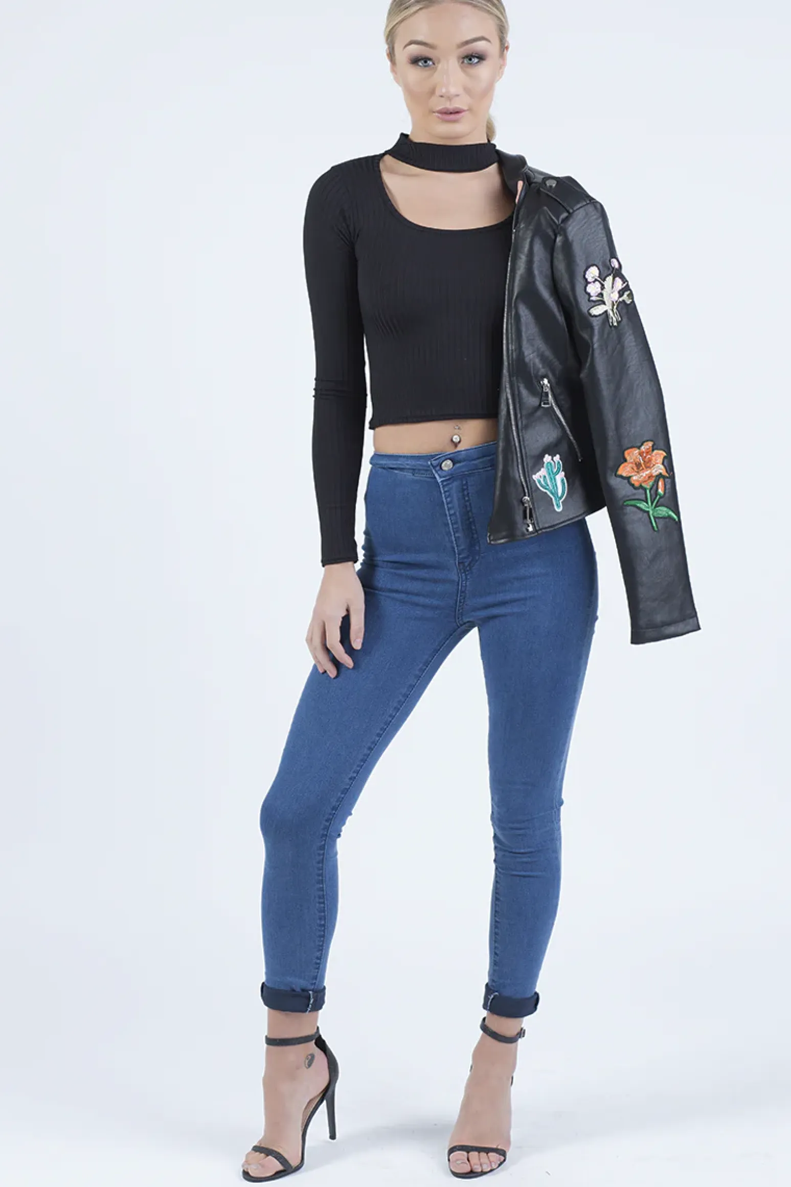 Rebellious Fashion Black Ribbed Choker Cut Out Crop Top - Mary