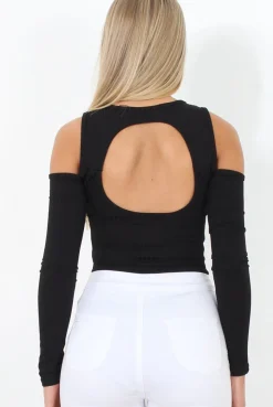 Rebellious Fashion Black Ribbed Cold Shoulder Bodysuit - Gigi