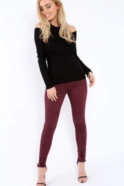 Rebellious Fashion Black Ribbed Cold Shoulder Jumper - Briella