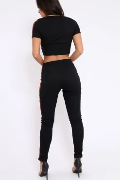 Rebellious Fashion Black Ribbed Co ord with Striped Sports Trim Detail - Zinaya