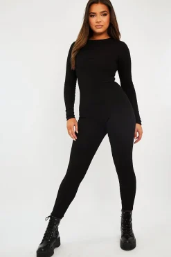 Rebellious Fashion Black Ribbed Corset Seam Long Sleeve Jumpsuit - Poppy