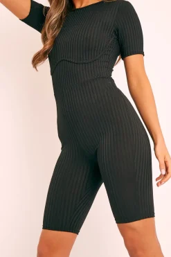 Rebellious Fashion Black Ribbed Corset Unitard Playsuit - Delfina